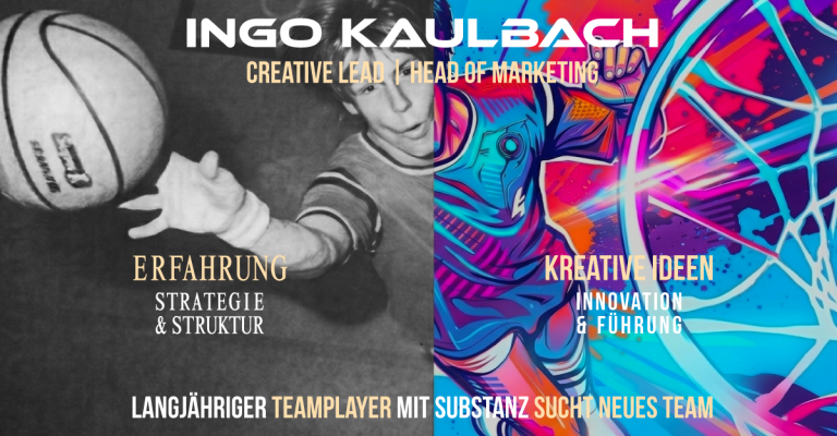 Porträt von Ingo Kaulbach, der Basketball spielt, mit Text zu seiner Rolle und Erfahrung.